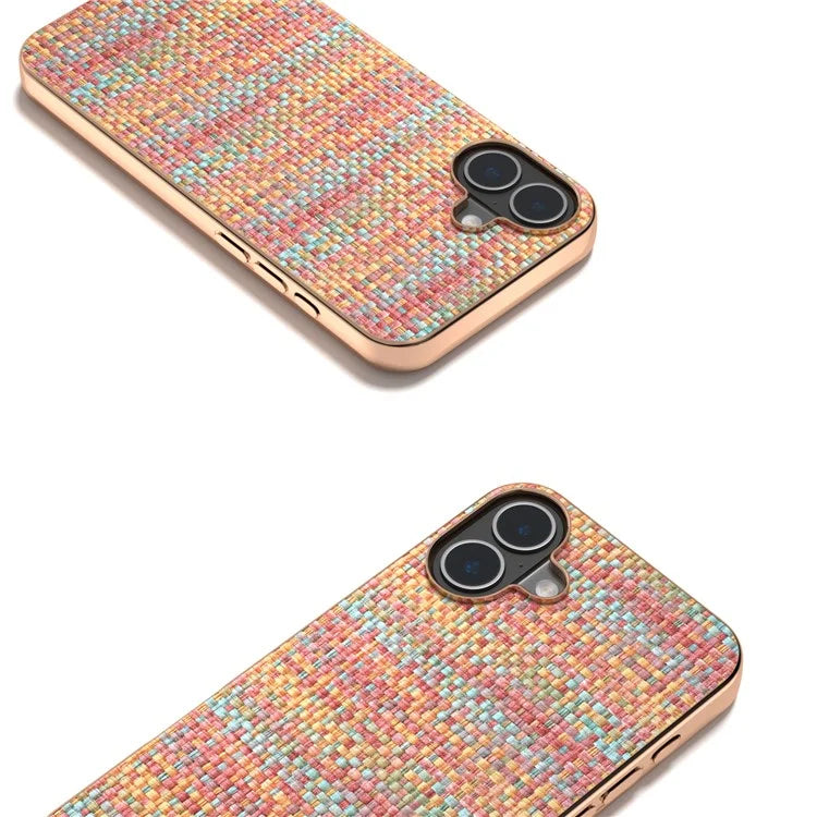 For iPhone 16 Case Electroplating Edge Plaid Texture PU Leather+PC+TPU Phone Cover