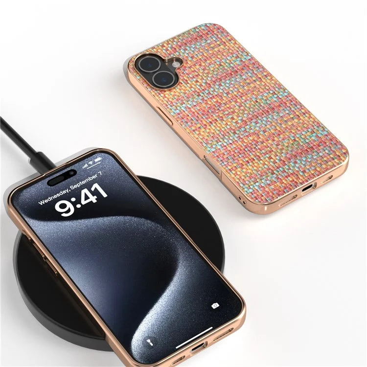 For iPhone 16 Case Electroplating Edge Plaid Texture PU Leather+PC+TPU Phone Cover