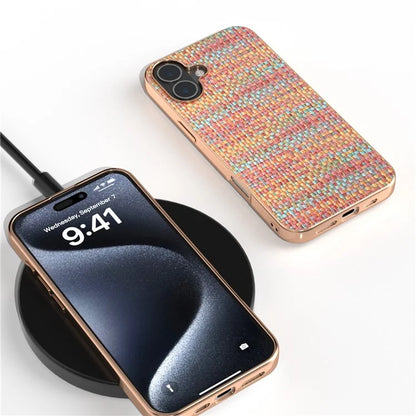 For iPhone 16 Case Electroplating Edge Plaid Texture PU Leather+PC+TPU Phone Cover