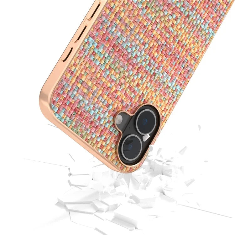 For iPhone 16 Case Electroplating Edge Plaid Texture PU Leather+PC+TPU Phone Cover