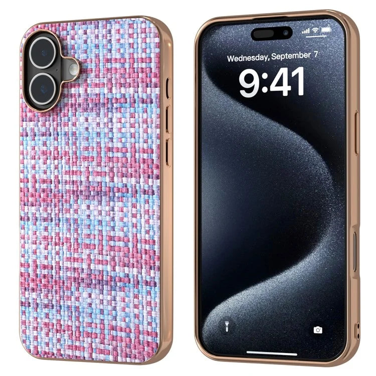 For iPhone 16 Case Electroplating Edge Plaid Texture PU Leather+PC+TPU Phone Cover