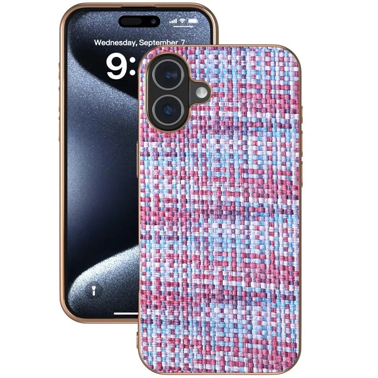 For iPhone 16 Case Electroplating Edge Plaid Texture PU Leather+PC+TPU Phone Cover