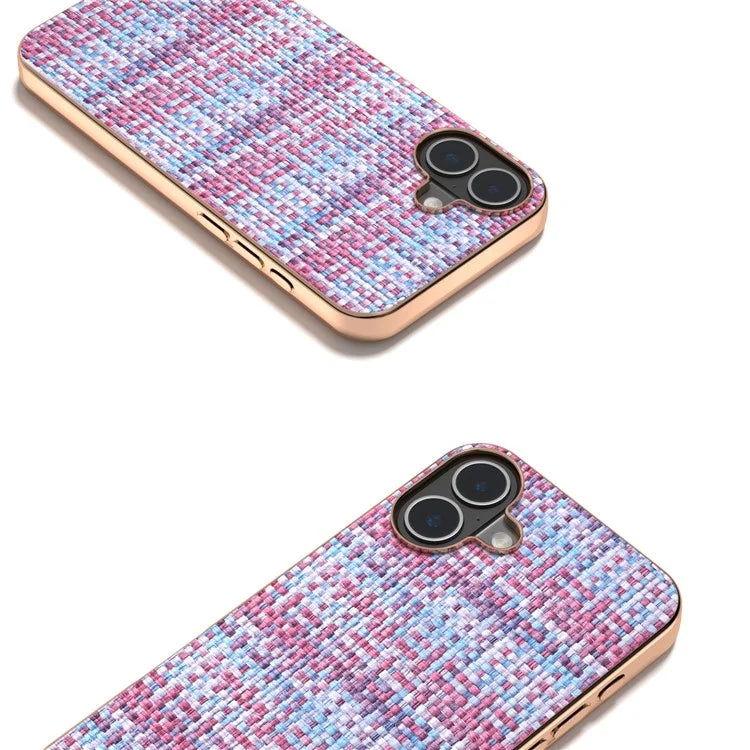 For iPhone 16 Case Electroplating Edge Plaid Texture PU Leather+PC+TPU Phone Cover