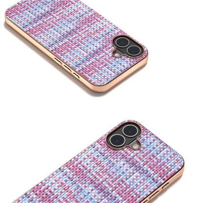For iPhone 16 Case Electroplating Edge Plaid Texture PU Leather+PC+TPU Phone Cover