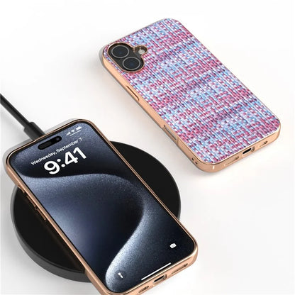 For iPhone 16 Case Electroplating Edge Plaid Texture PU Leather+PC+TPU Phone Cover