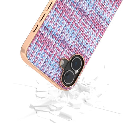 For iPhone 16 Case Electroplating Edge Plaid Texture PU Leather+PC+TPU Phone Cover