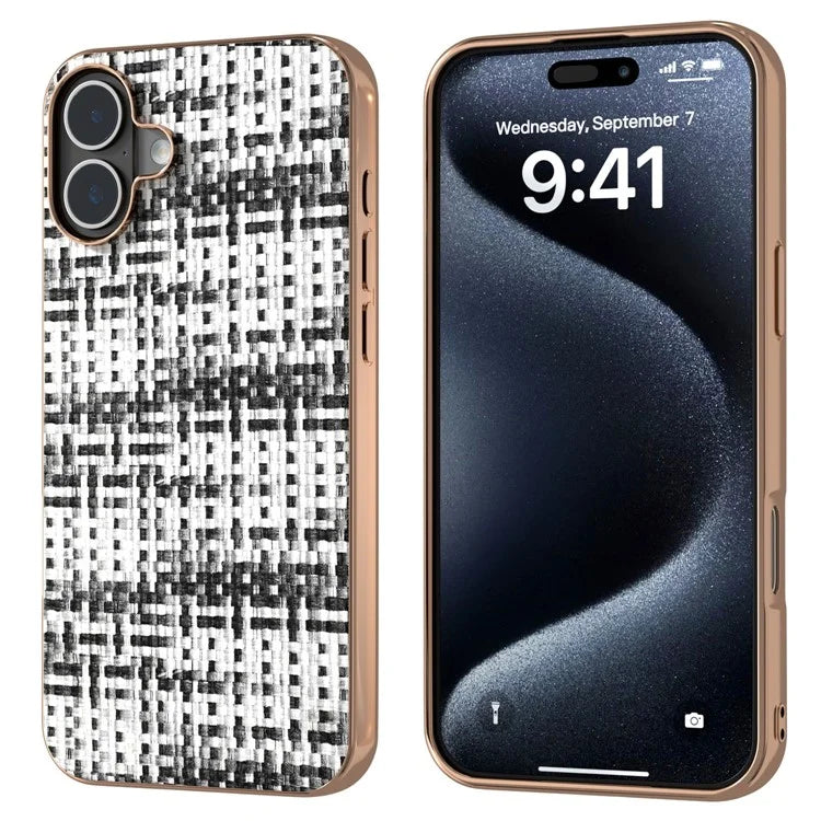 For iPhone 16 Case Electroplating Edge Plaid Texture PU Leather+PC+TPU Phone Cover