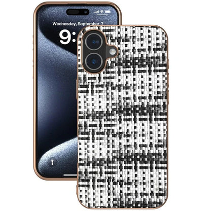 For iPhone 16 Case Electroplating Edge Plaid Texture PU Leather+PC+TPU Phone Cover