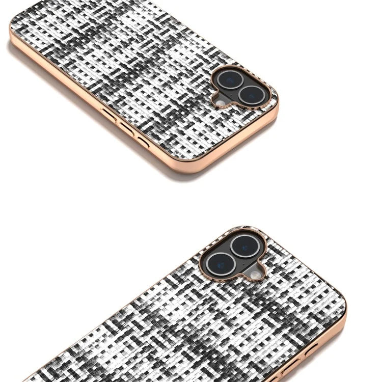 For iPhone 16 Case Electroplating Edge Plaid Texture PU Leather+PC+TPU Phone Cover