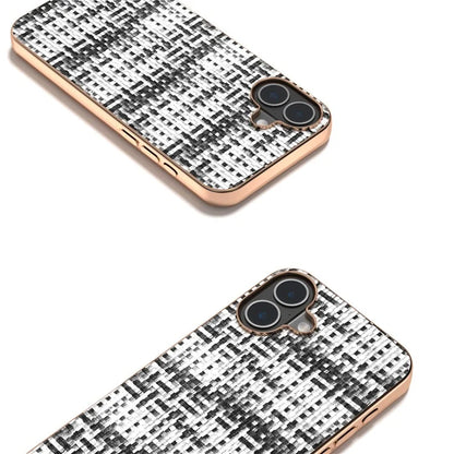 For iPhone 16 Case Electroplating Edge Plaid Texture PU Leather+PC+TPU Phone Cover