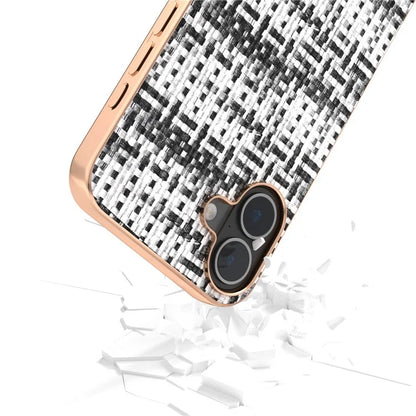 For iPhone 16 Case Electroplating Edge Plaid Texture PU Leather+PC+TPU Phone Cover