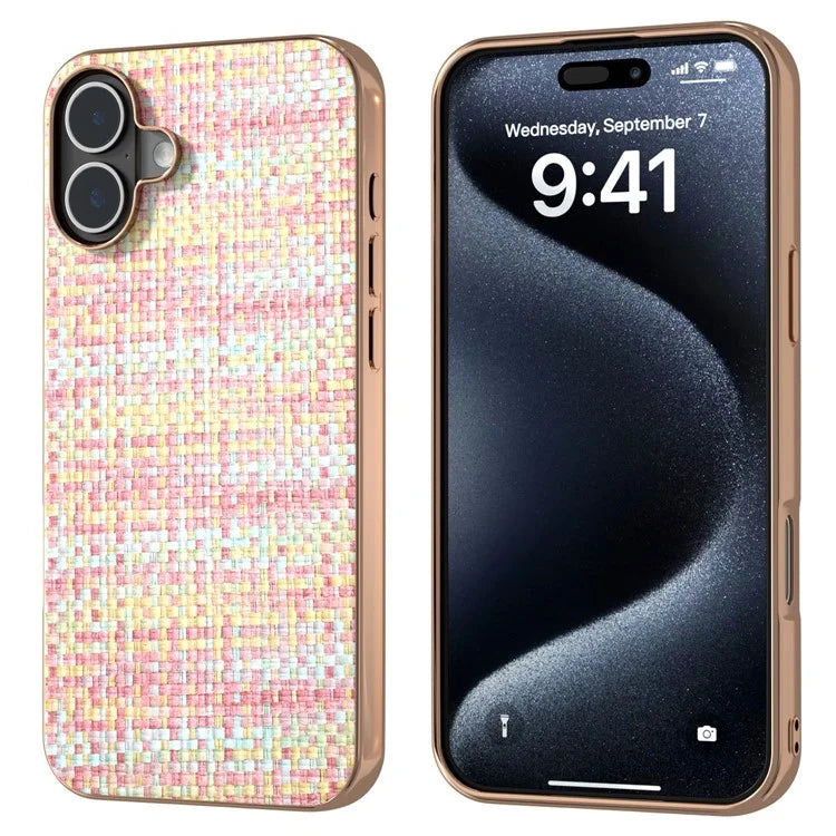 For iPhone 16 Case Electroplating Edge Plaid Texture PU Leather+PC+TPU Phone Cover