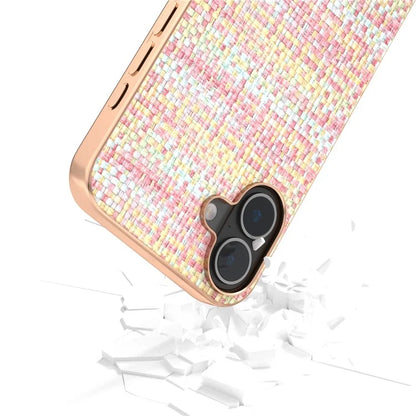 For iPhone 16 Case Electroplating Edge Plaid Texture PU Leather+PC+TPU Phone Cover