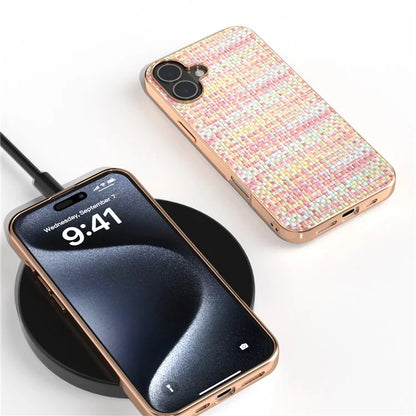 For iPhone 16 Case Electroplating Edge Plaid Texture PU Leather+PC+TPU Phone Cover