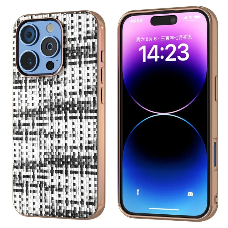 For iPhone 16 Pro Case Electroplating Edge Plaid Texture PU Leather+PC+TPU Phone Cover