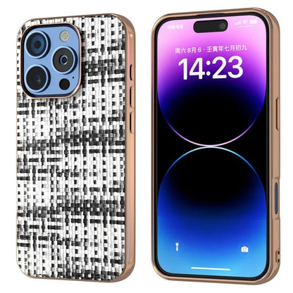 For iPhone 16 Pro Case Electroplating Edge Plaid Texture PU Leather+PC+TPU Phone Cover