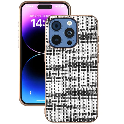 For iPhone 16 Pro Case Electroplating Edge Plaid Texture PU Leather+PC+TPU Phone Cover
