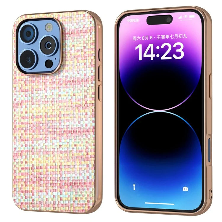 For iPhone 16 Pro Case Electroplating Edge Plaid Texture PU Leather+PC+TPU Phone Cover
