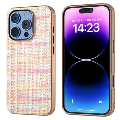 For iPhone 16 Pro Case Electroplating Edge Plaid Texture PU Leather+PC+TPU Phone Cover