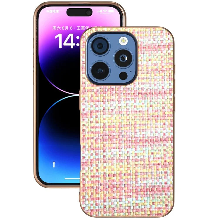 For iPhone 16 Pro Case Electroplating Edge Plaid Texture PU Leather+PC+TPU Phone Cover