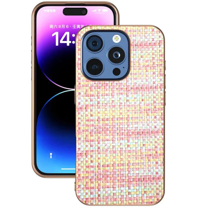 For iPhone 16 Pro Case Electroplating Edge Plaid Texture PU Leather+PC+TPU Phone Cover