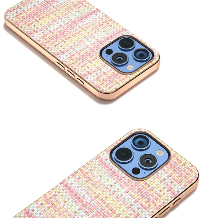 For iPhone 16 Pro Case Electroplating Edge Plaid Texture PU Leather+PC+TPU Phone Cover