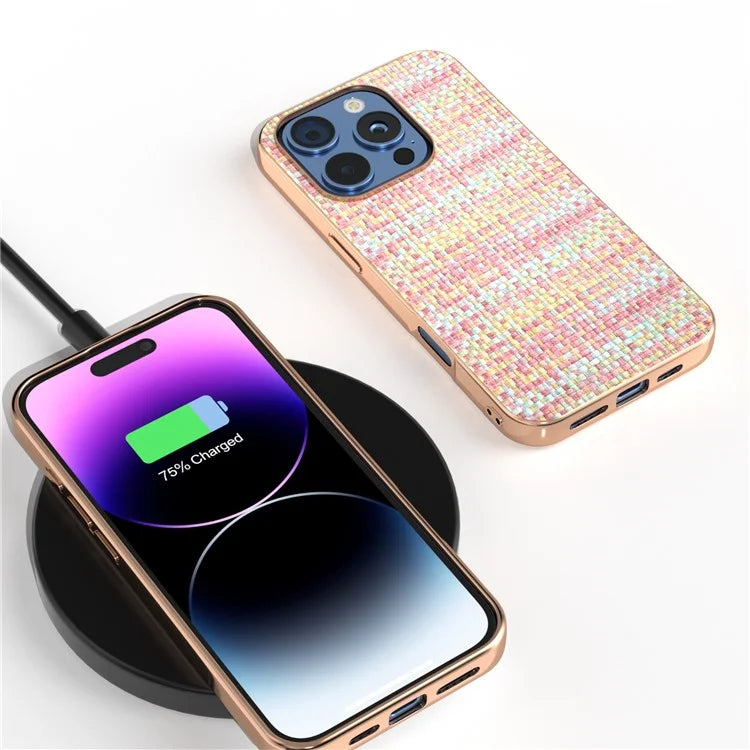 For iPhone 16 Pro Case Electroplating Edge Plaid Texture PU Leather+PC+TPU Phone Cover