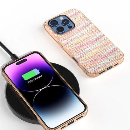 For iPhone 16 Pro Case Electroplating Edge Plaid Texture PU Leather+PC+TPU Phone Cover