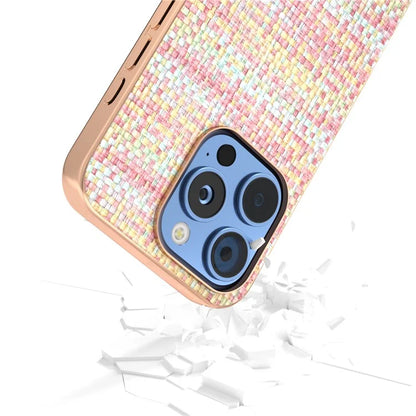 For iPhone 16 Pro Case Electroplating Edge Plaid Texture PU Leather+PC+TPU Phone Cover