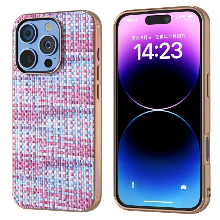 For iPhone 16 Pro Case Electroplating Edge Plaid Texture PU Leather+PC+TPU Phone Cover