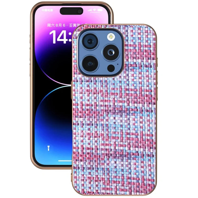 For iPhone 16 Pro Case Electroplating Edge Plaid Texture PU Leather+PC+TPU Phone Cover