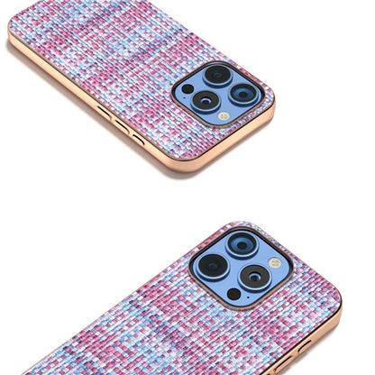For iPhone 16 Pro Case Electroplating Edge Plaid Texture PU Leather+PC+TPU Phone Cover