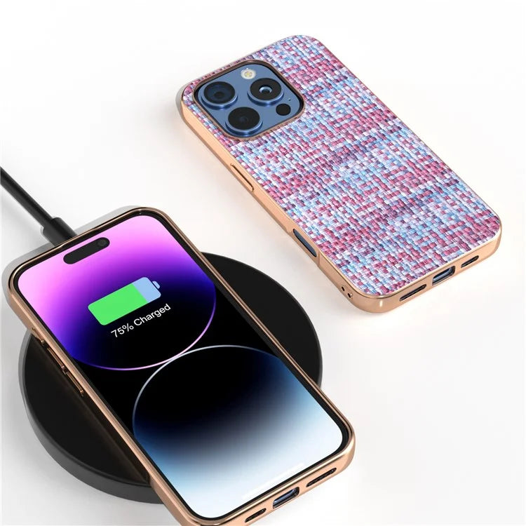 For iPhone 16 Pro Case Electroplating Edge Plaid Texture PU Leather+PC+TPU Phone Cover