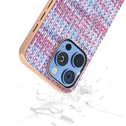 For iPhone 16 Pro Case Electroplating Edge Plaid Texture PU Leather+PC+TPU Phone Cover