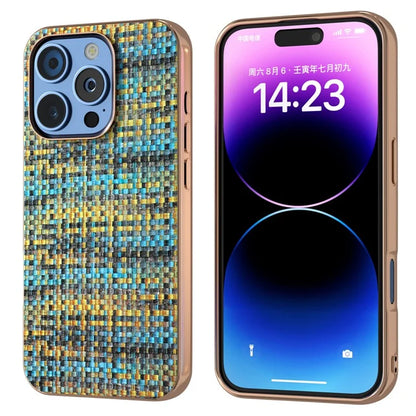 For iPhone 16 Pro Case Electroplating Edge Plaid Texture PU Leather+PC+TPU Phone Cover