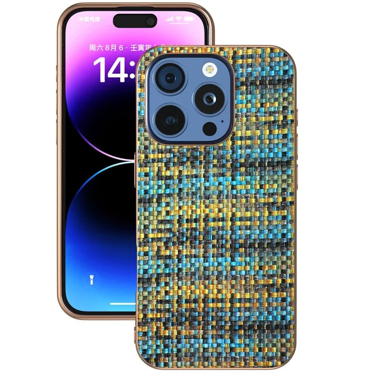 For iPhone 16 Pro Case Electroplating Edge Plaid Texture PU Leather+PC+TPU Phone Cover
