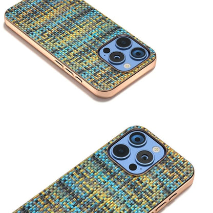 For iPhone 16 Pro Case Electroplating Edge Plaid Texture PU Leather+PC+TPU Phone Cover
