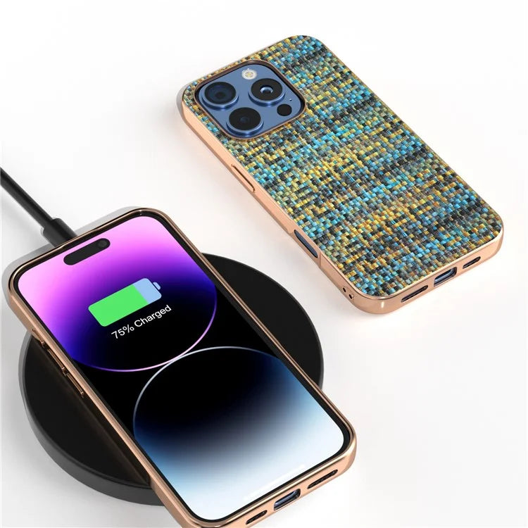 For iPhone 16 Pro Case Electroplating Edge Plaid Texture PU Leather+PC+TPU Phone Cover