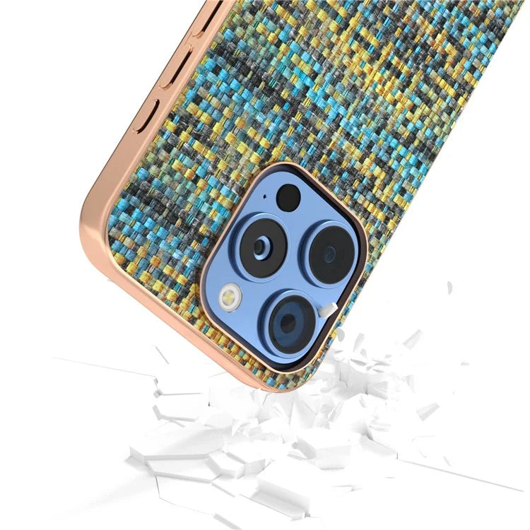 For iPhone 16 Pro Case Electroplating Edge Plaid Texture PU Leather+PC+TPU Phone Cover