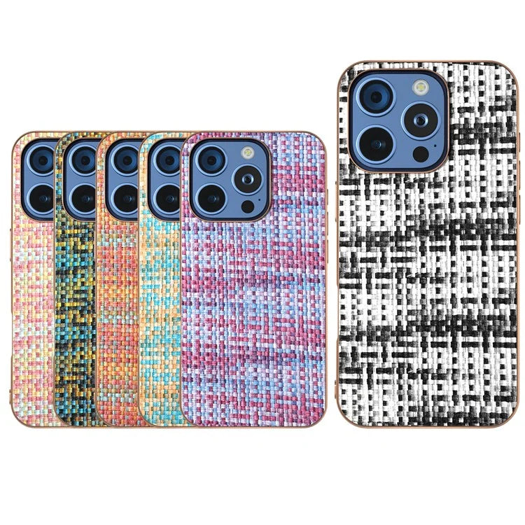 For iPhone 16 Pro Case Electroplating Edge Plaid Texture PU Leather+PC+TPU Phone Cover