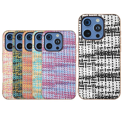 For iPhone 16 Pro Case Electroplating Edge Plaid Texture PU Leather+PC+TPU Phone Cover
