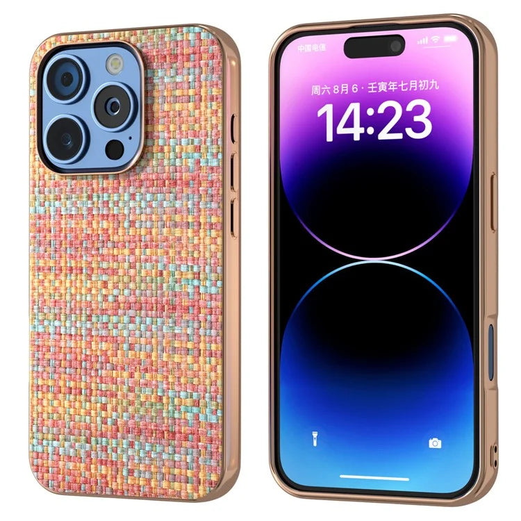 For iPhone 16 Pro Case Electroplating Edge Plaid Texture PU Leather+PC+TPU Phone Cover