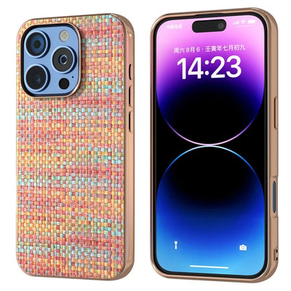 For iPhone 16 Pro Case Electroplating Edge Plaid Texture PU Leather+PC+TPU Phone Cover