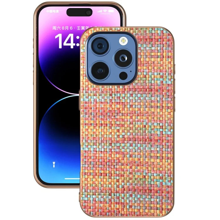 For iPhone 16 Pro Case Electroplating Edge Plaid Texture PU Leather+PC+TPU Phone Cover