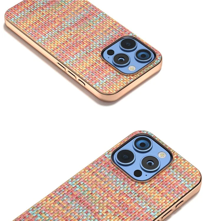 For iPhone 16 Pro Case Electroplating Edge Plaid Texture PU Leather+PC+TPU Phone Cover