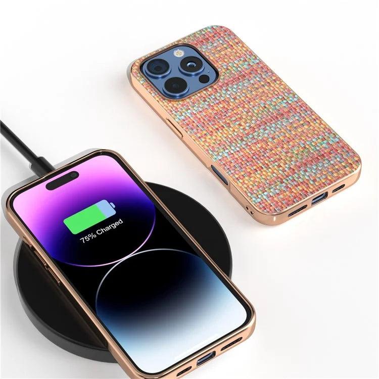 For iPhone 16 Pro Case Electroplating Edge Plaid Texture PU Leather+PC+TPU Phone Cover