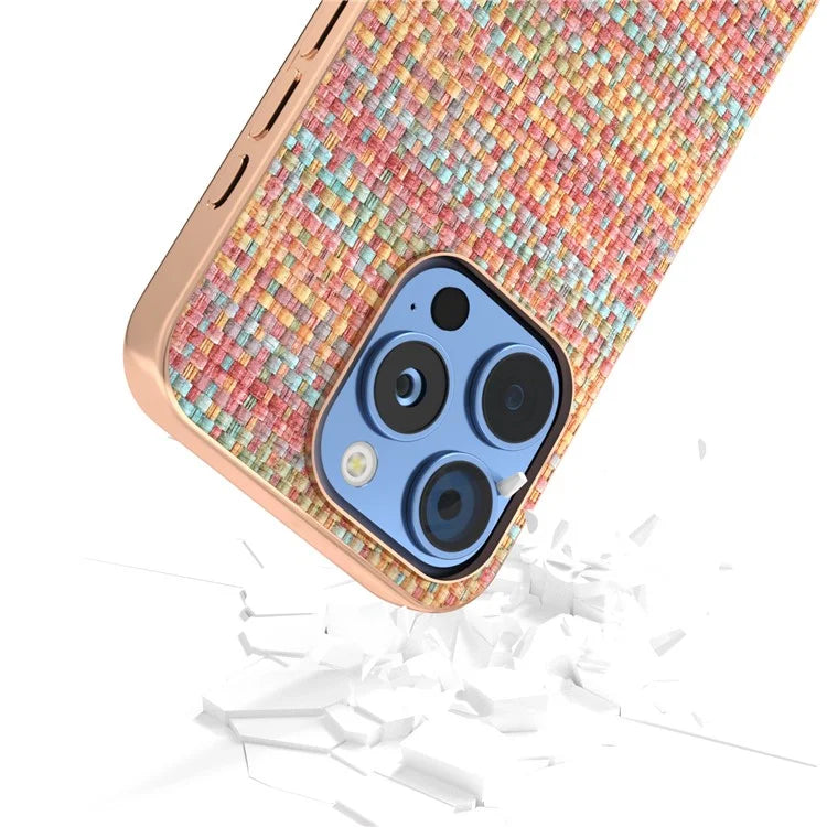 For iPhone 16 Pro Case Electroplating Edge Plaid Texture PU Leather+PC+TPU Phone Cover
