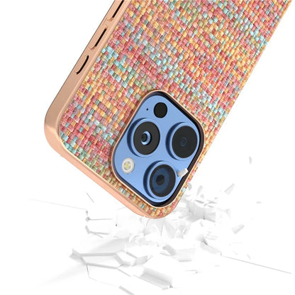 For iPhone 16 Pro Case Electroplating Edge Plaid Texture PU Leather+PC+TPU Phone Cover