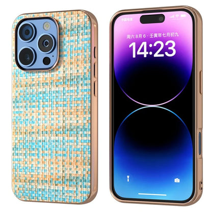 For iPhone 16 Pro Case Electroplating Edge Plaid Texture PU Leather+PC+TPU Phone Cover