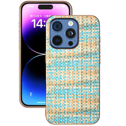 For iPhone 16 Pro Case Electroplating Edge Plaid Texture PU Leather+PC+TPU Phone Cover